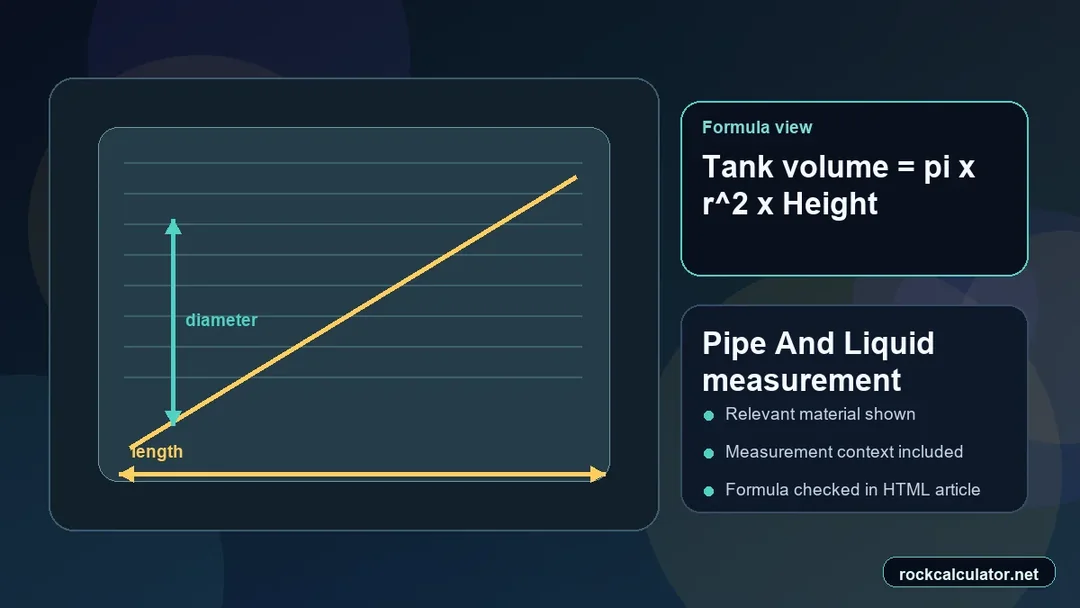Pipe And Liquid measurement view showing the Tank volume = pi x r^2 x Height formula context