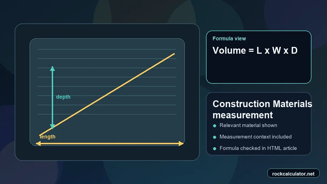 Construction Materials measurement view showing the Volume = L x W x D formula context