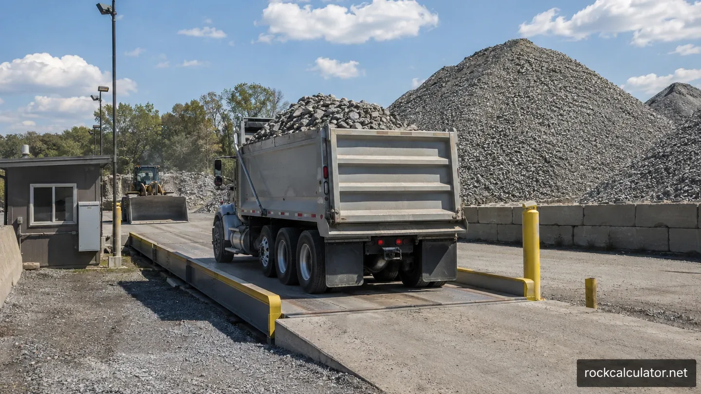 Loaded aggregate dump truck on a weighbridge beside crushed stone stockpiles