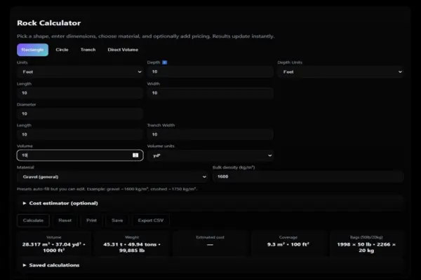Screenshot of Rock Calculator app showing volume and cost results