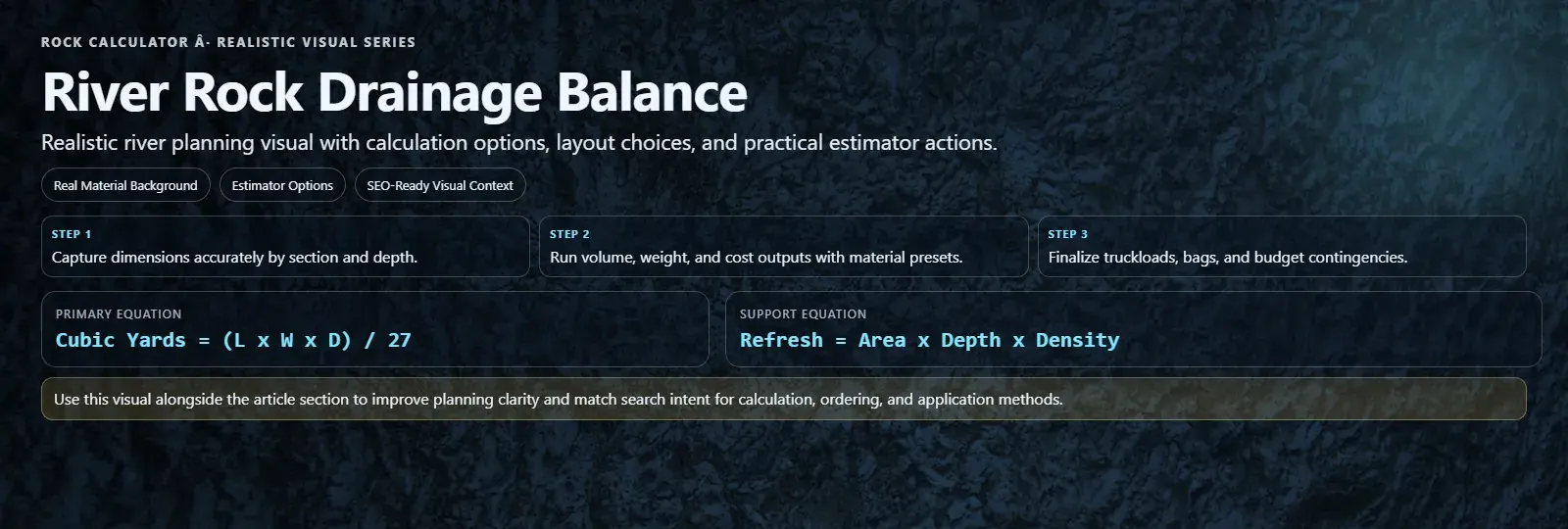 River rock drainage balance infographic for density weight and slope stability planning